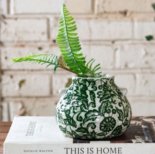 Round Green Floral Squat Vase