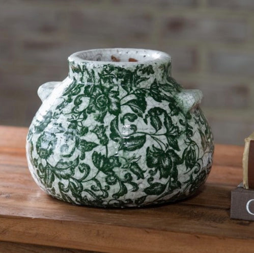 Round Green Floral Squat Vase