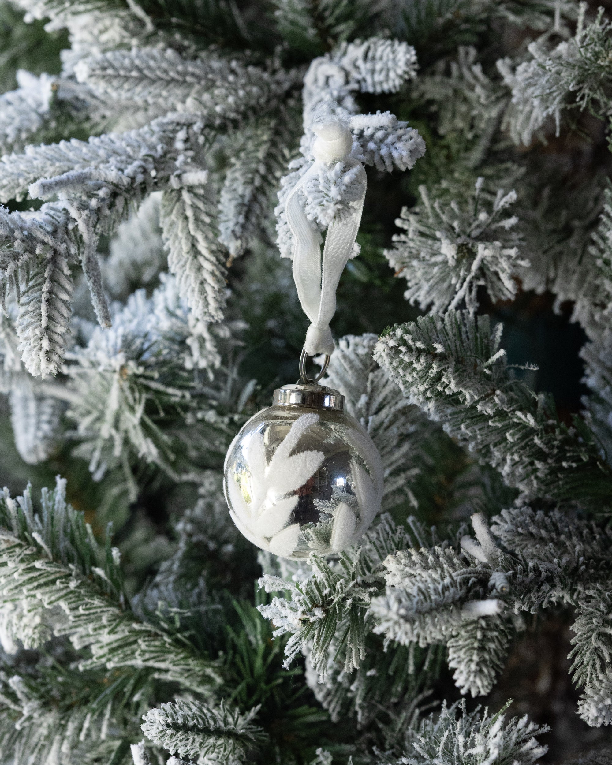 Mercury Glass Ball Ornament with Flocked Pattern &amp; Velvet Ribbon Hanger &amp; Cream Color