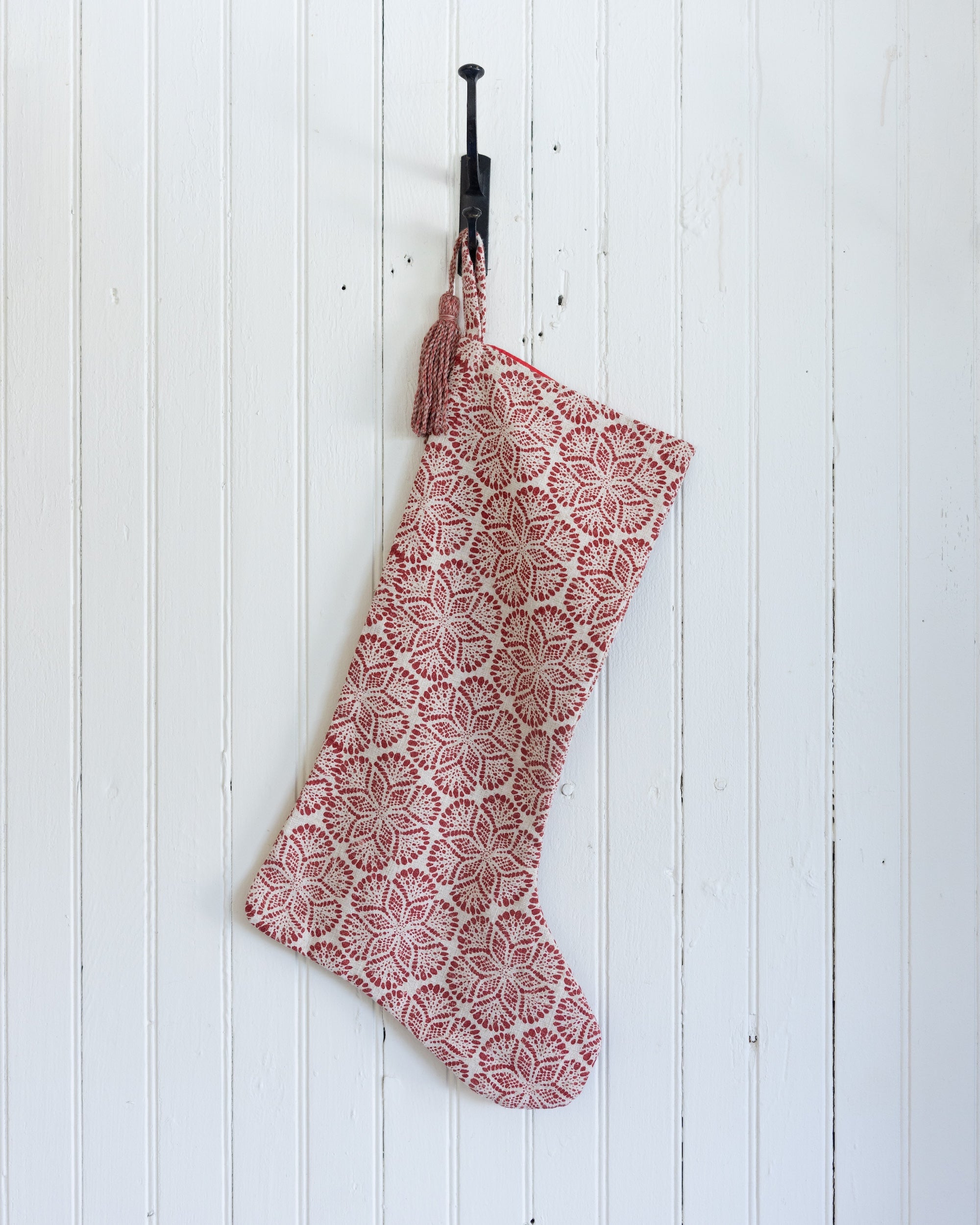 Fabric Blend Block Printed Stocking with Pattern &amp; Tassel, Red &amp; Natural