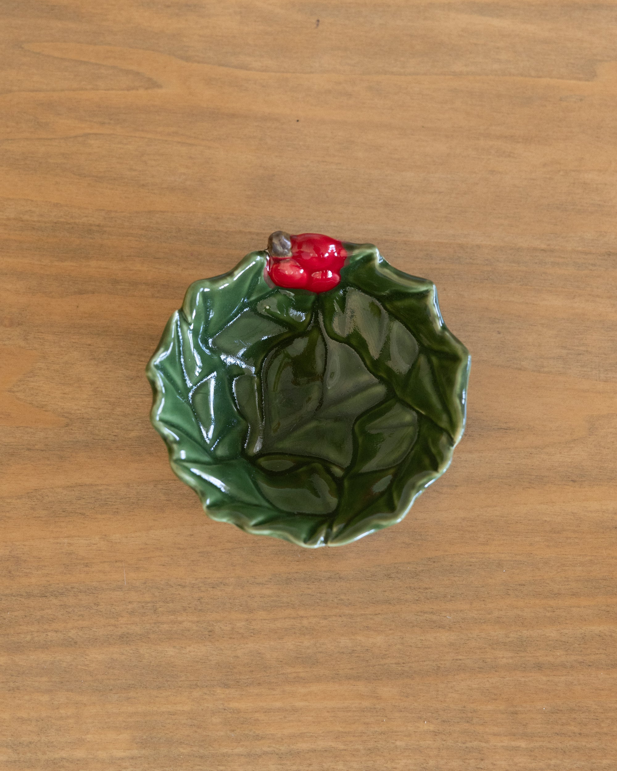Hand-Painted Holly Leaves Shaped Bowl with Berries, Green &amp; Red