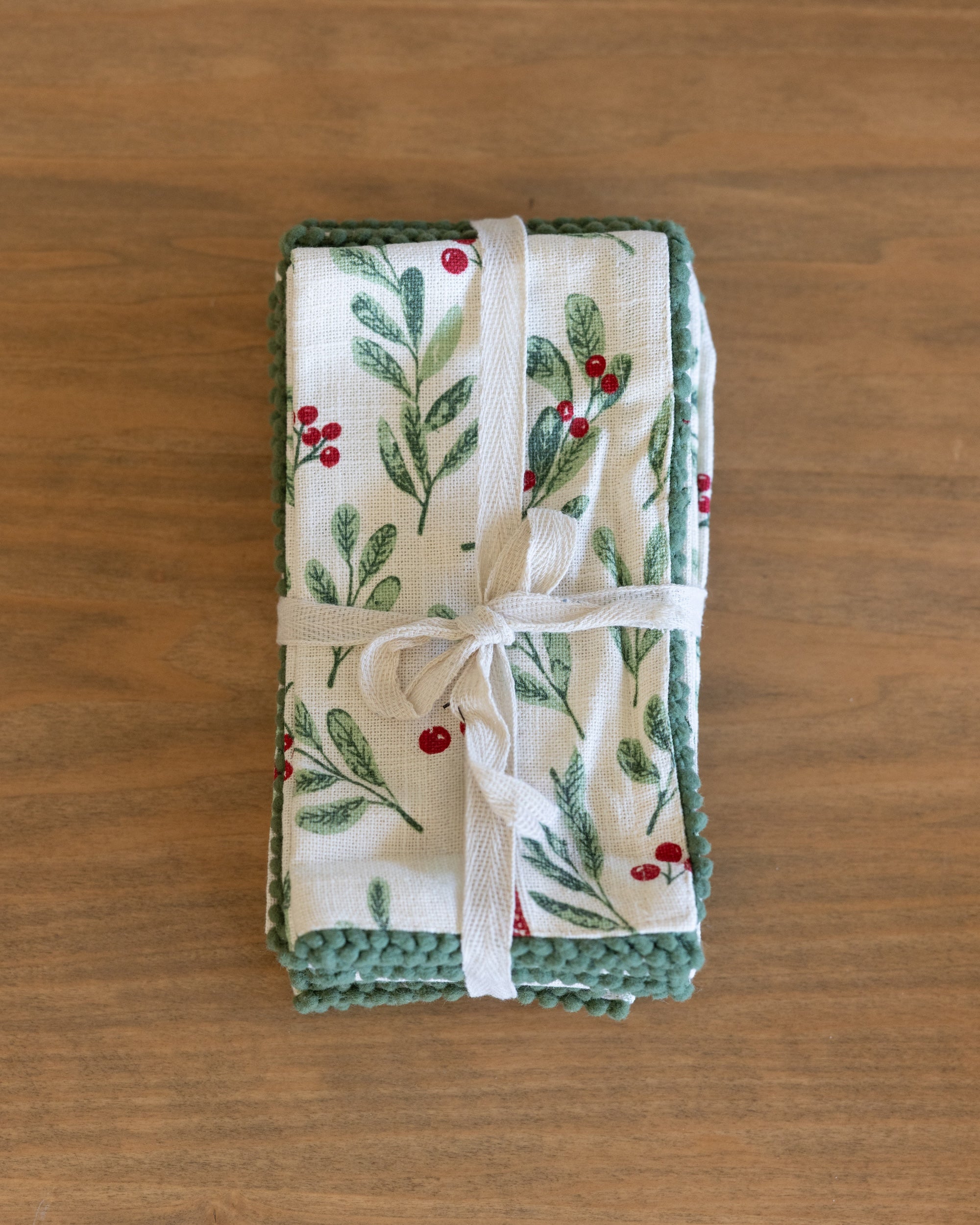 Cotton Slub Printed Napkins w/ Mini Pom Pom Trim, Set of 4 Tied with Cotton Tape