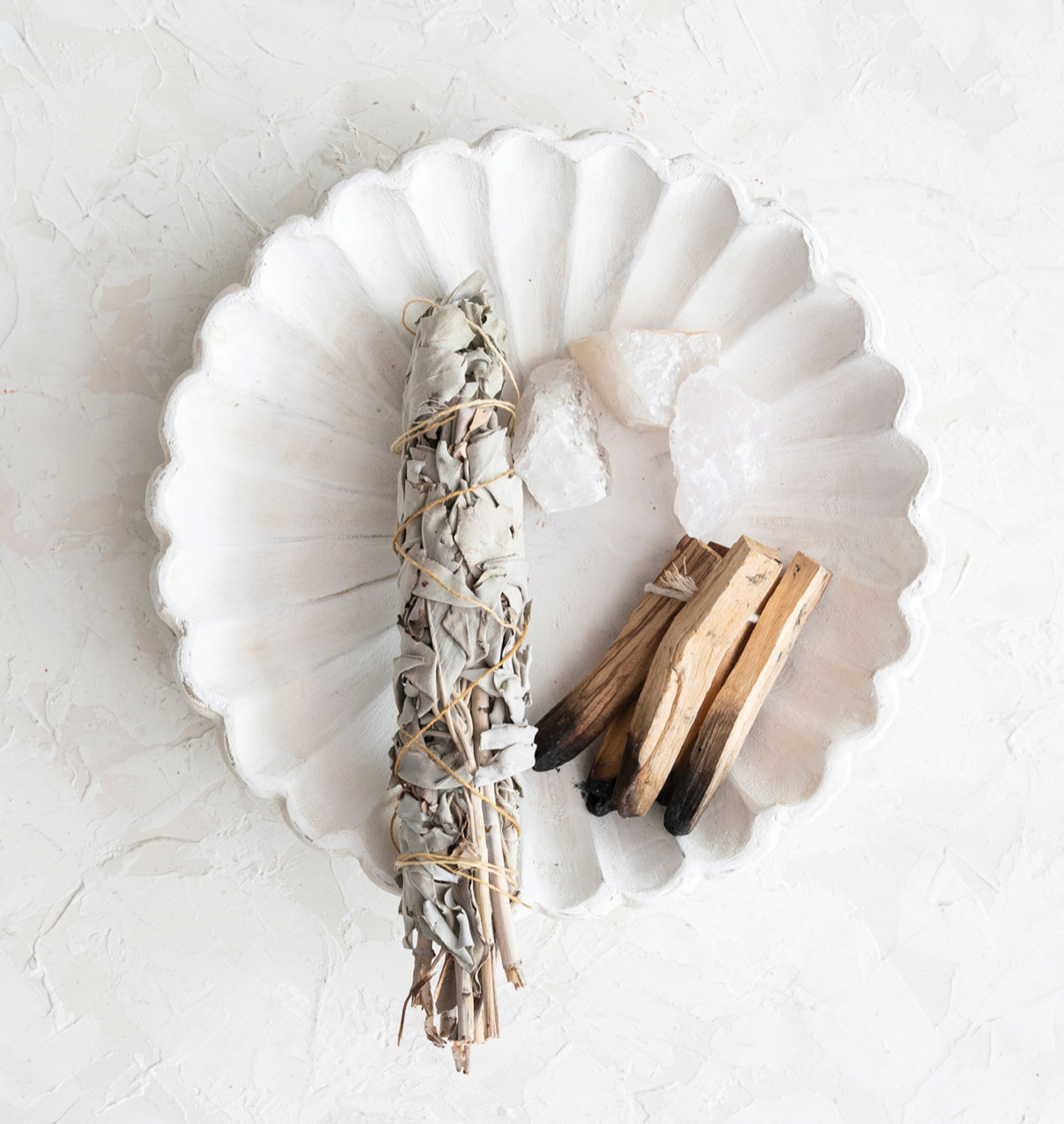 Whitewashed Scalloped Wood Bowl