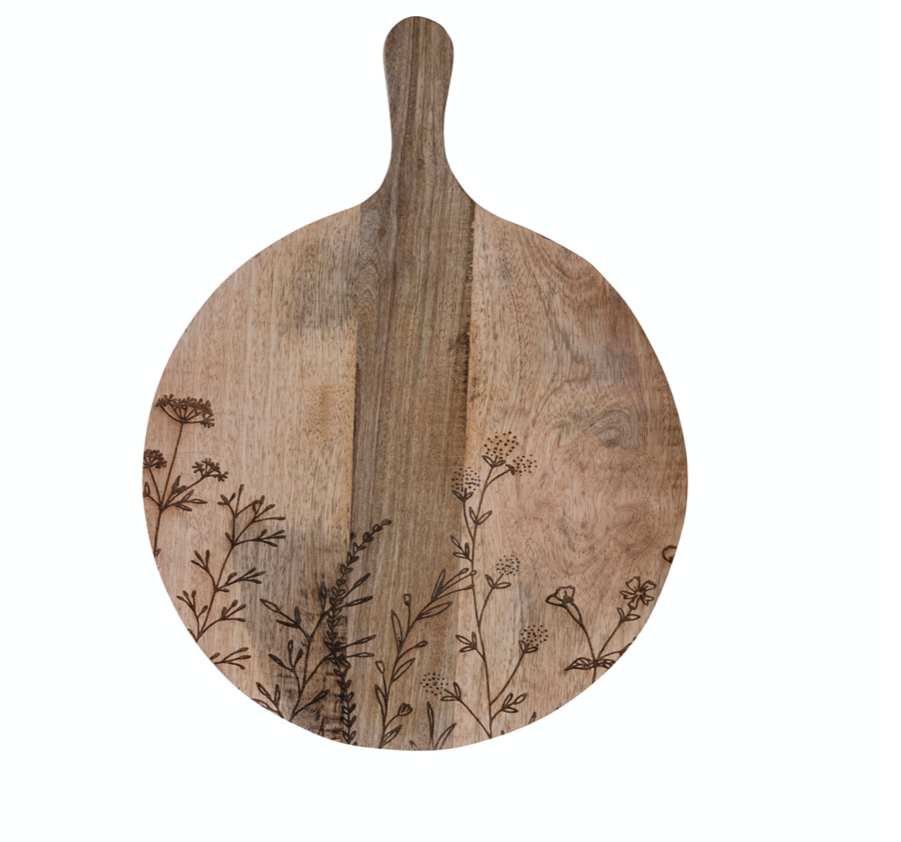 Mango Wood Cheese Board with Laser Etched Botanicals