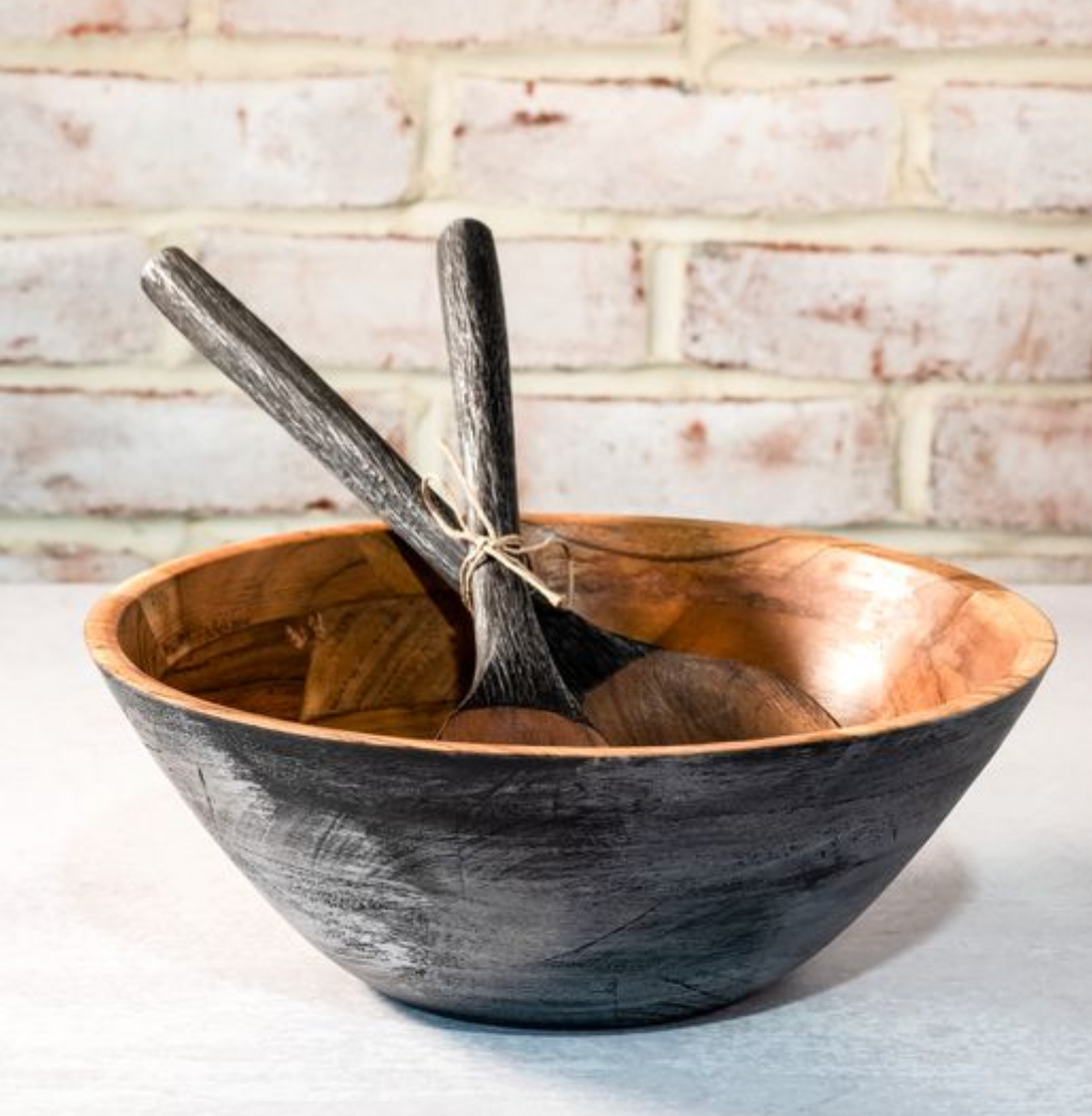 Black Wood Bowl & Utensil Set