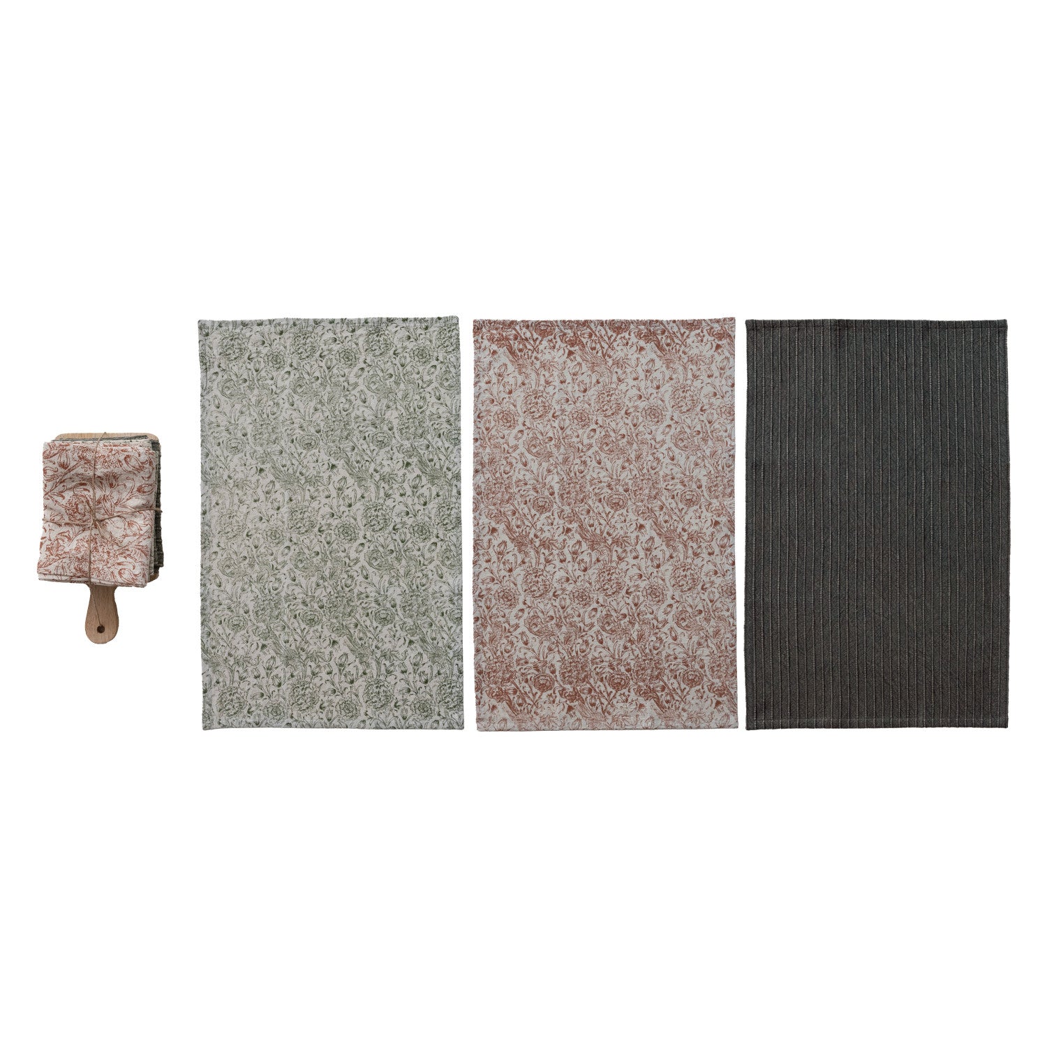(3) Tea Towels &amp; Mango Wood Cheese/Serving Board, Set of 4 Tied with Jute &amp; Wood Bead