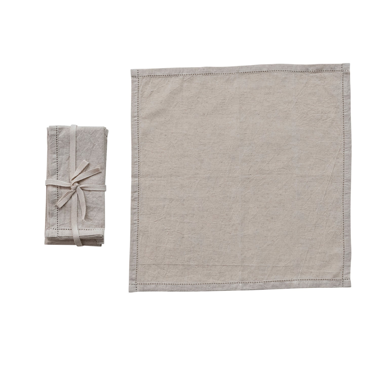 Cotton &amp; Linen Napkins with Border Stitch, Natural, Set of 4 Tied with Cotton Tape