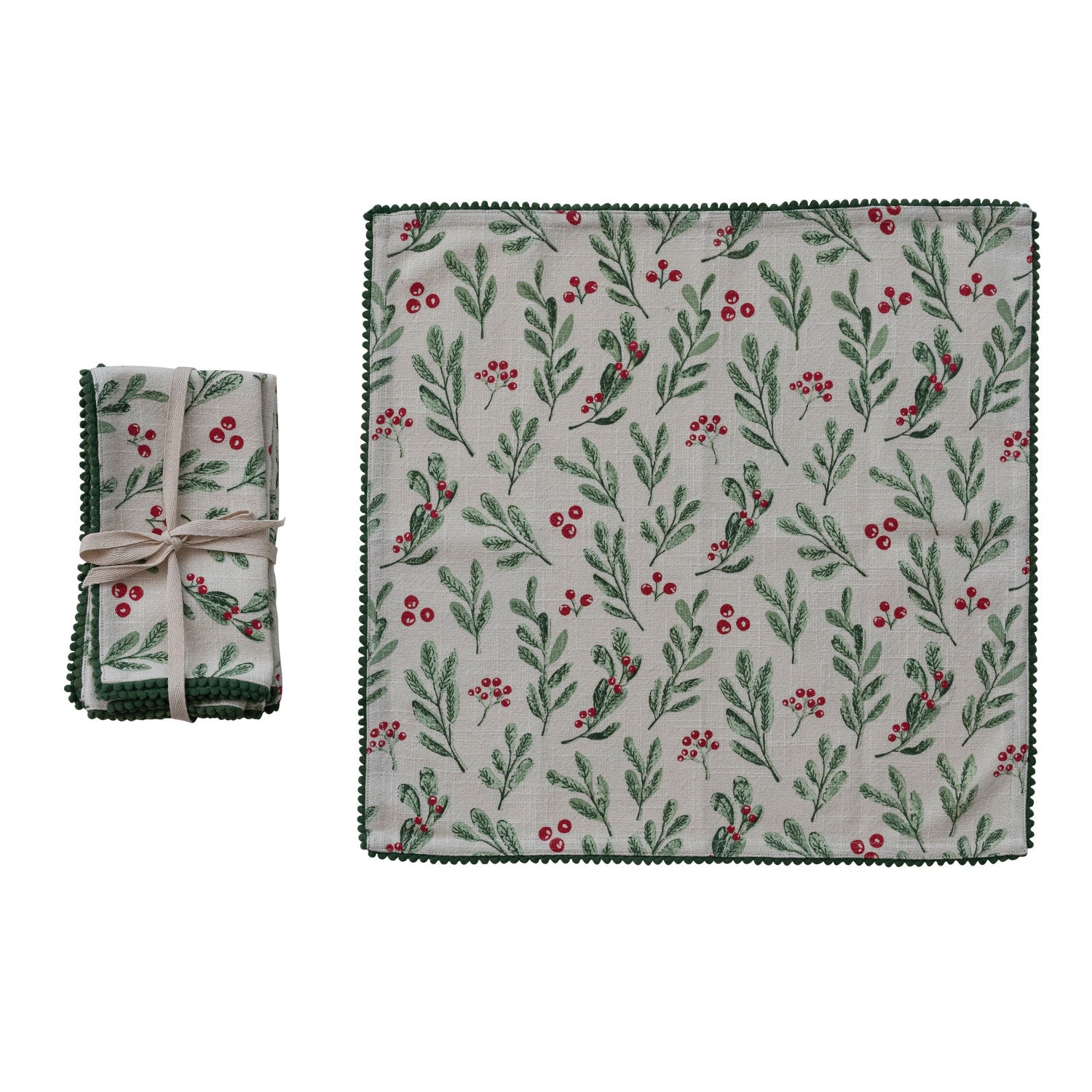 Cotton Slub Printed Napkins with Mini Pom Pom Trim, Set of 4 Tied with Cotton Tape