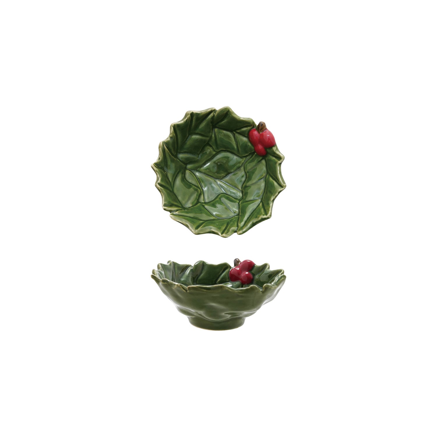 Hand-Painted Holly Leaves Shaped Bowl with Berries, Green &amp; Red