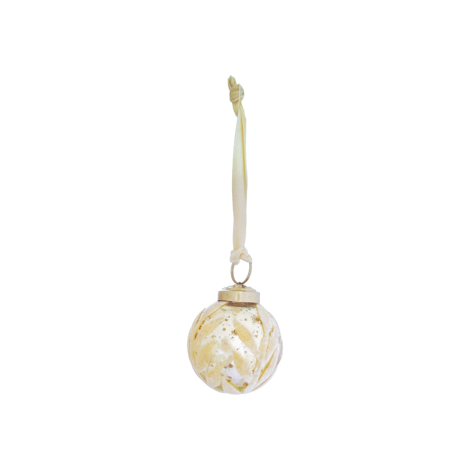 Mercury Glass Ball Ornament with Flocked Pattern &amp; Velvet Ribbon Hanger &amp; Cream Color