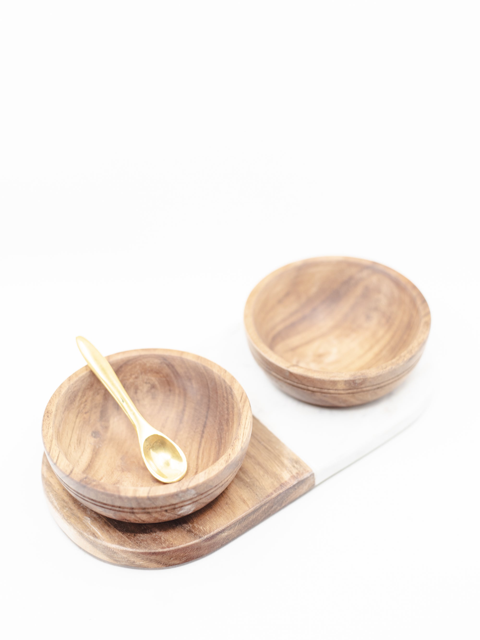 Acacia Wood & Marble Tray w/ 2 Acacia Wood Bowls & Brass Spoon