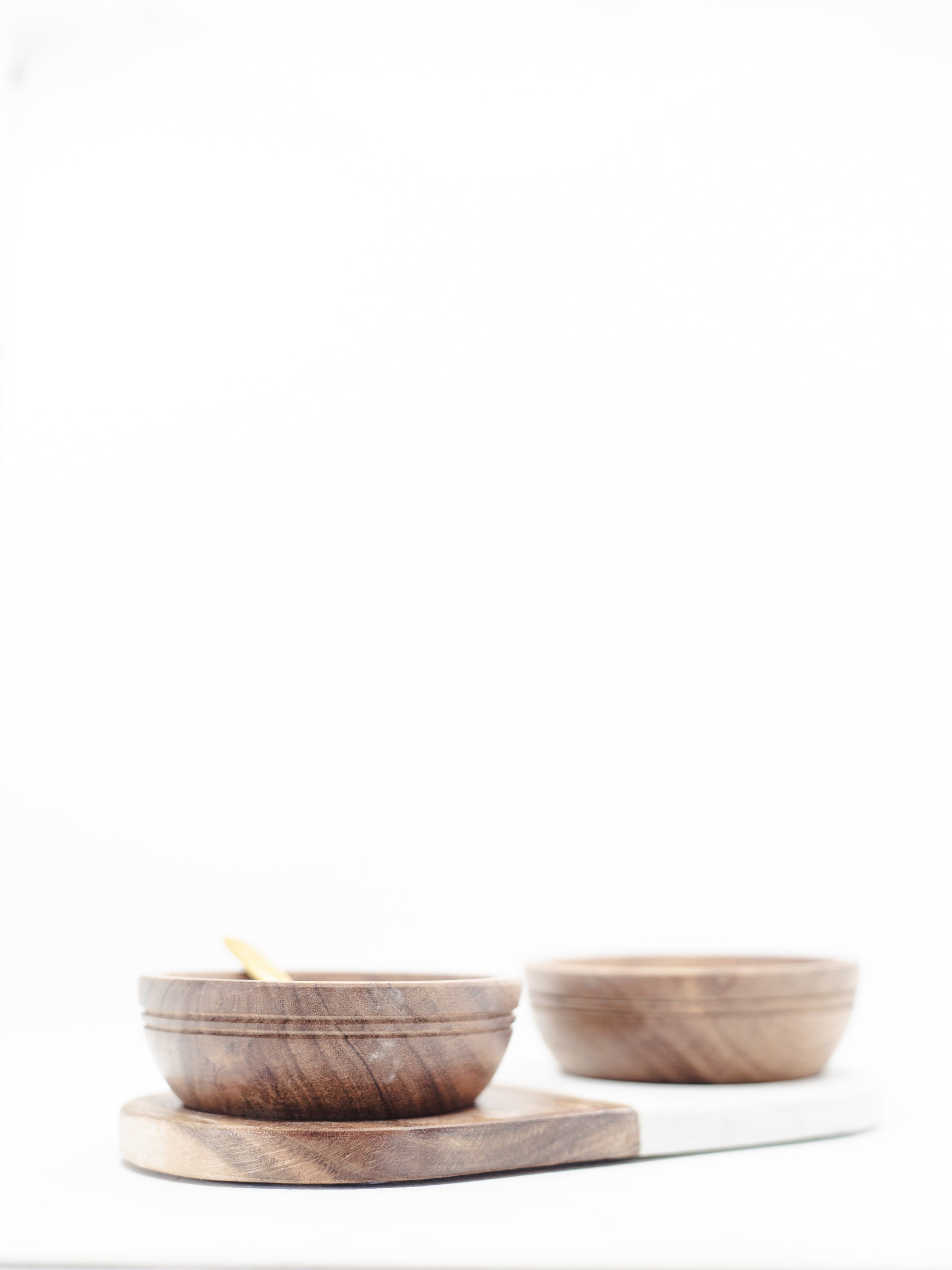 Acacia Wood & Marble Tray w/ 2 Acacia Wood Bowls & Brass Spoon