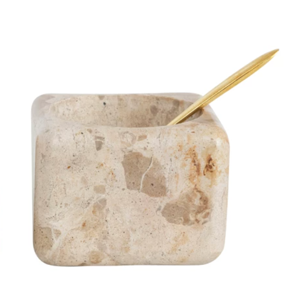 Marble or Sandstone Bowl with Brass Spoon