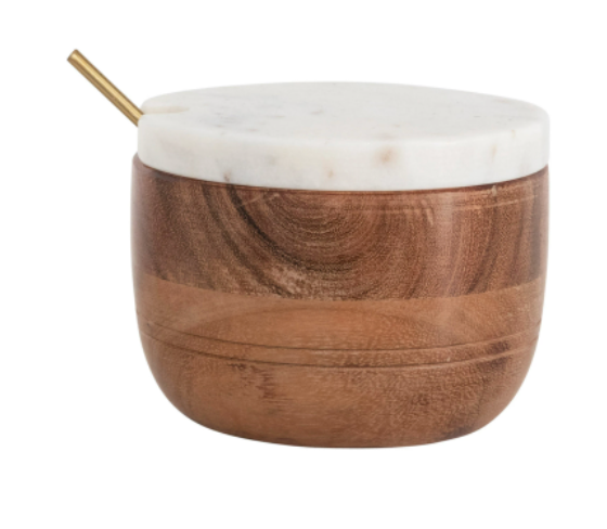 Marble &amp; Acacia Wood Bowl w/ Lid &amp; Brass Spoon
