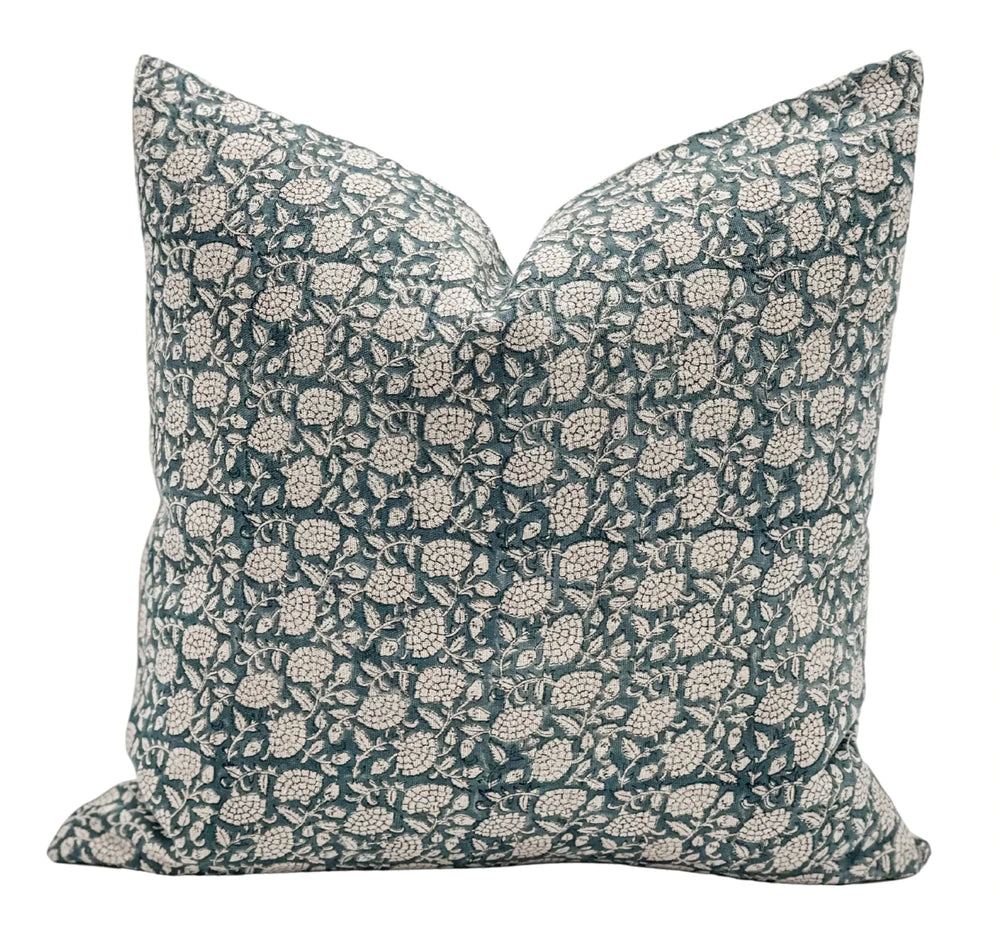 Teal Blue on Natural Linen Pillow