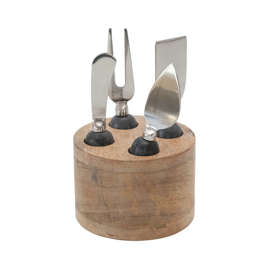 Cheese Servers w/ Marble Handles & Mango Wood Stand