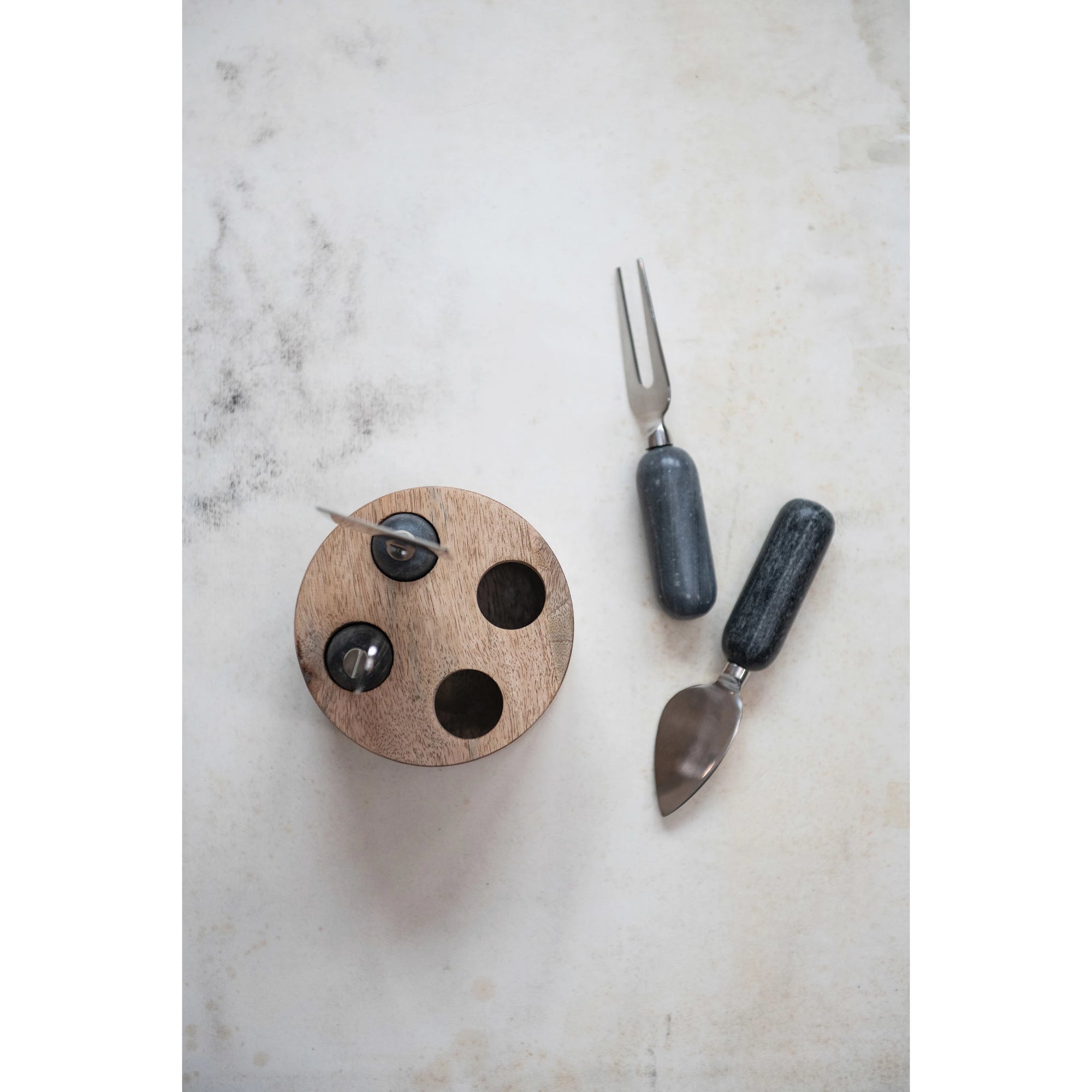 Cheese Servers w/ Marble Handles & Mango Wood Stand