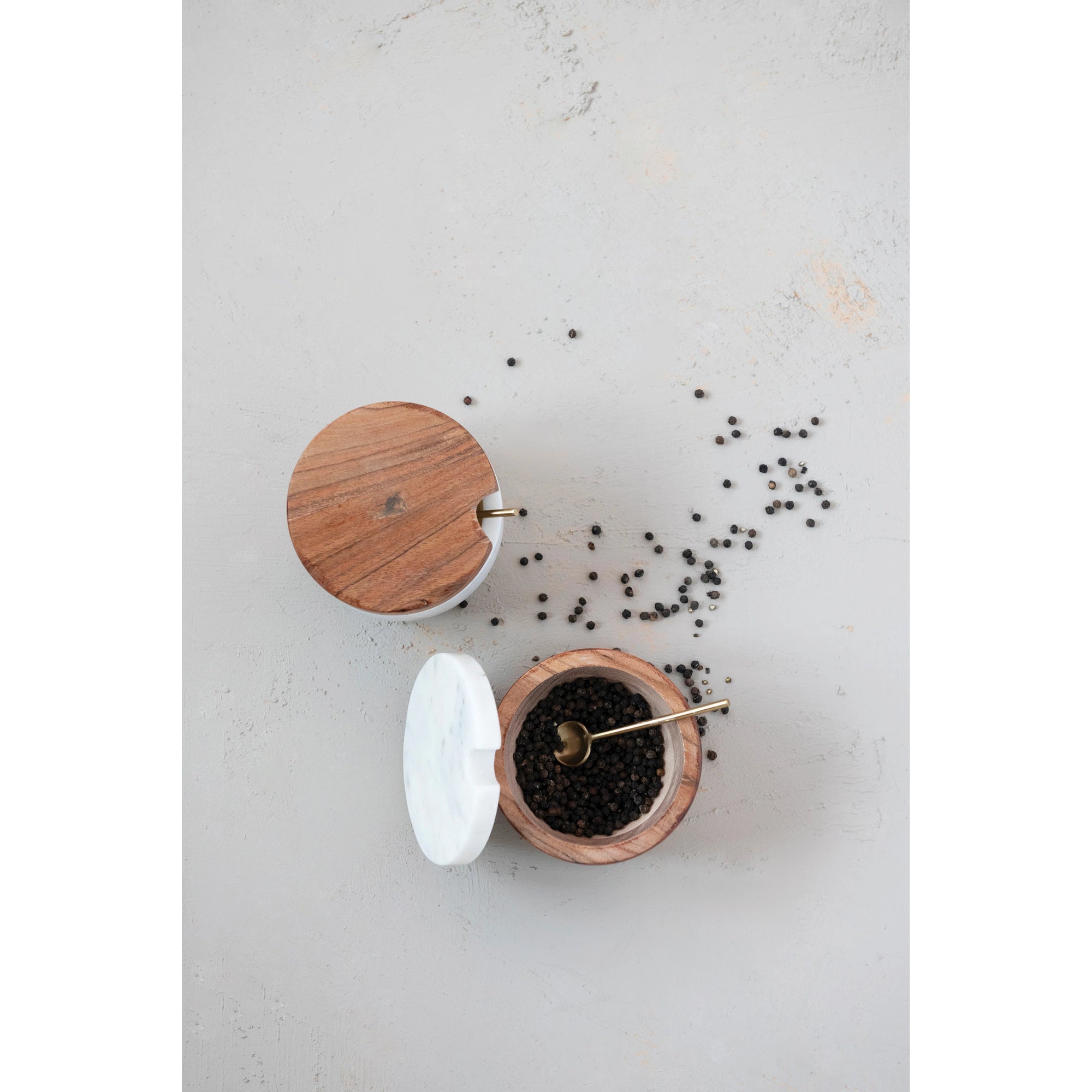 Marble & Acacia Wood Bowl w/ Lid & Brass Spoon